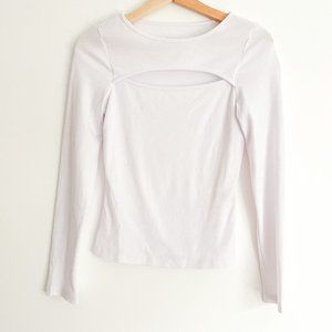 White Ribbed Long Sleeve Front Cut Out Crop Tshirt